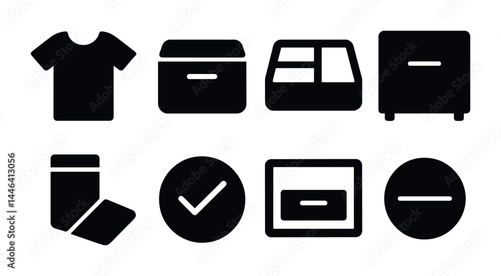 Retail and shopping solid icon set – silhouette style commerce, marketplace, and store symbols for e-commerce solutions: shirt, box, display, cabinet, sale tag, checkmark, card, close. Retail and shopping solid icon set – silhouette style commerce, marketplace, and store symbols for e-commerce solutions: shirt, box, display, cabinet, sale tag, checkmark, card, close.