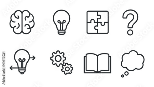 Education and knowledge linear icon set – outline style learning, school, and study symbols for educational use: brain, light bulb, puzzle, question mark, gears, book, thought bubble.