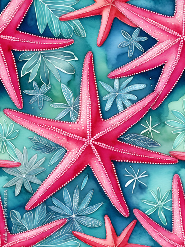 A vibrant pink starfish with intricate detail and a watercolor-like texture.