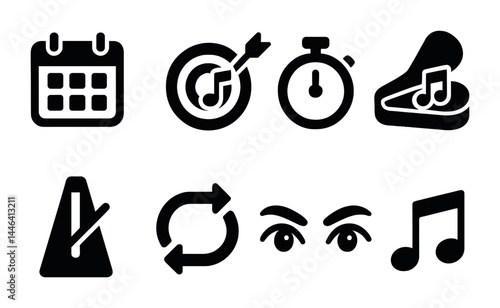 Music and time management solid icons set – filled style musical and productivity symbols for creative organization: calendar, target, stopwatch, metronome, refresh, music note.