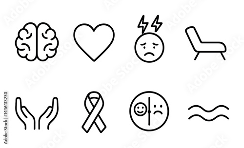 Mental health line icons set – outline style wellness, wellbeing, and therapy symbols for emotional support: brain, heart, sad face, therapy chair, hands, ribbon.