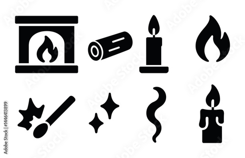 Candle and fire icons set - solid style for cozy and warm ambiances: fireplace, log, candle, flame, matches, sparkles, smoke, burning candle