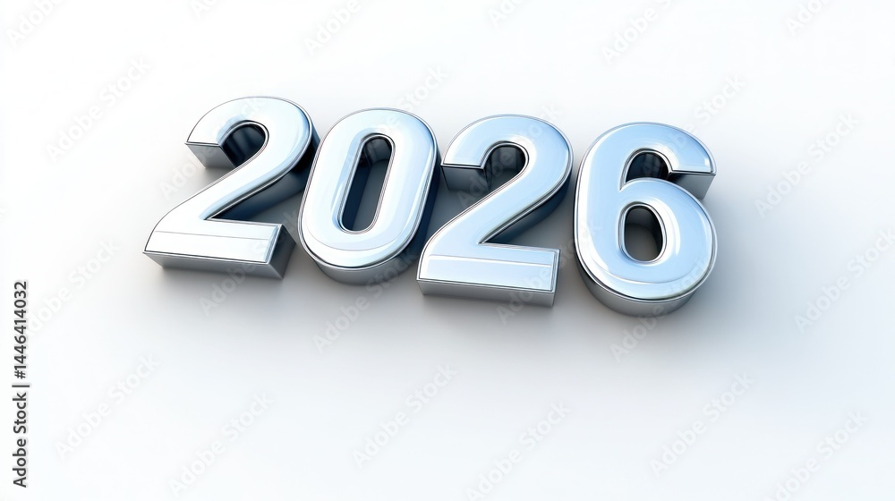 Year 2026, shiny silver numerals on white backdrop Year 2026, shiny silver numerals on white backdrop