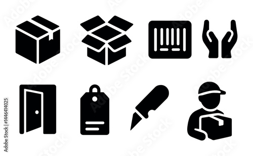 Delivery and shipping solid icons set – filled style logistics, courier, and transport symbols for ecommerce: box, barcode, hands, door, tag, cutter, delivery person.