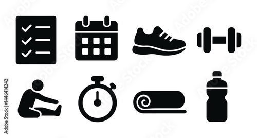 Fitness and exercise icon set – solid style for workout, gym, and health tracking: checklist, calendar, sneaker, dumbbell, stretching, stopwatch, yoga mat, water bottle.