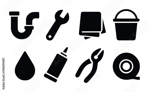 Plumbing and maintenance solid icons – filled style repair, toolkit, and home improvement symbols for diy projects: pipe, wrench, cloth, bucket, water, sealant, pliers, tape.