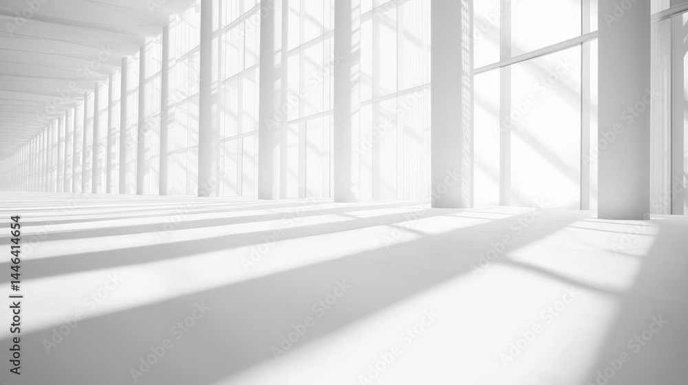 Fototapeta premium White Sunlit Corridor with Long Window Shadows