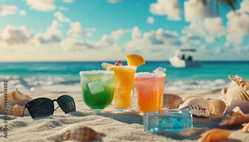Tropical Beach Cocktails in Sand with Sunglasses and Seashells Tropical Beach Cocktails in Sand with Sunglasses and Seashells