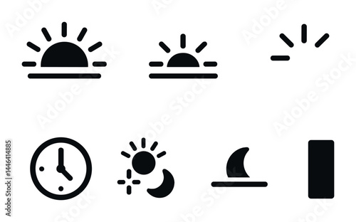 Weather sunrise and sunset icons set – solid style climate and meteorology symbols for forecasting: sunrise, sunset, clock, day-night cycle, moon, weather indicator