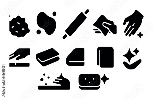 Household cleaning solid icons set – silhouette style for home maintenance and hygiene graphics: sponge, scrub brush, hand washing, mop, spray bottle, duster, vacuum, gloves.