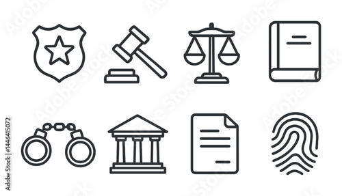 Law and justice outline icons set – linear style legal, court, and crime symbols for legal use: badge, gavel, scales, book, handcuffs, courthouse, document, fingerprint.