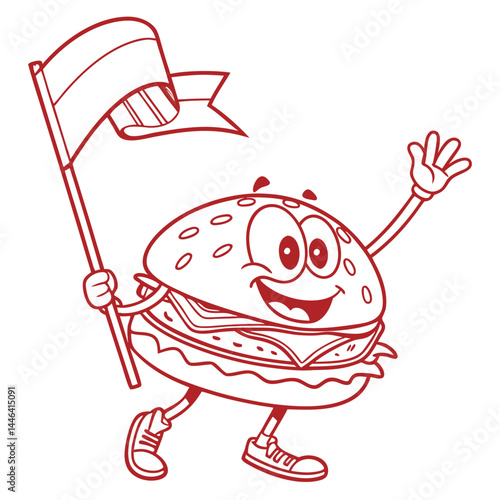 Funny Burger Character Waving Hand Holding Flag, Outline Style, Editable