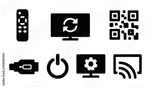 Technology and media solid icons set – flat style devices, digital tools, and connectivity symbols: remote, monitor, qr code, usb, power button, settings, wifi.