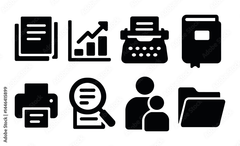 Business and office solid icons set – filled style professional, productivity, and management symbols for work efficiency: documents, graph, typewriter, book, printer, magnifying glass, people,