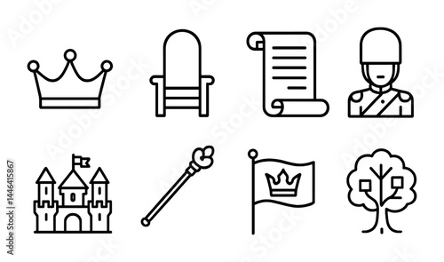 Royal kingdom outline icons set – linear style monarchy, heritage, and history symbols for cultural projects: crown, throne, scroll, guard, castle, scepter, flag, tree.