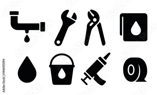Plumbing essentials solid icons set – flat style repair, maintenance, and tools symbols for plumbing services: pipe, wrench, pliers, water drop, bucket, caulking gun, tape.
