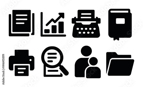 Obraz na płótnie Business and office solid icons set – filled style professional, productivity, and management symbols for work efficiency: documents, graph, typewriter, book, printer, magnifying glass, people, w salonie