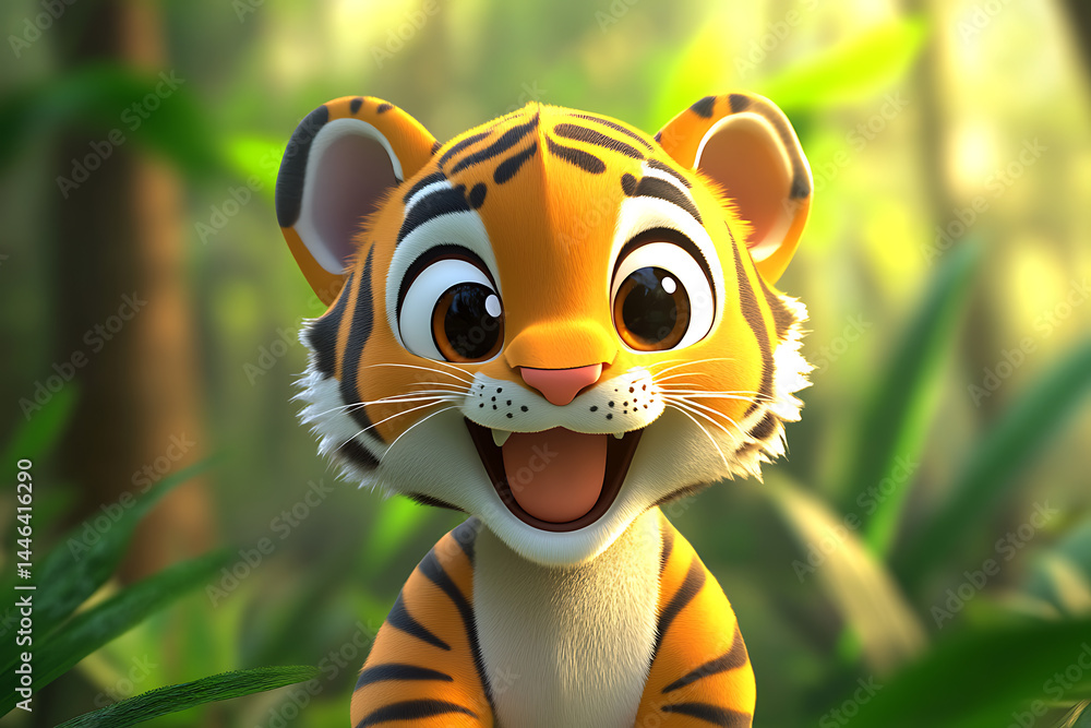 Fototapeta premium Playful cartoon tiger cub smiling in a lush green jungle setting with soft sunlight filtering through