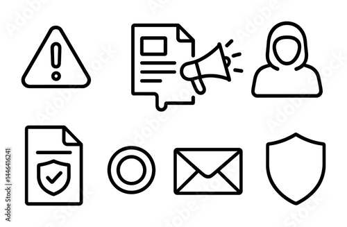 Communication and security icon set – line style messaging, alerts, and privacy symbols for digital tools: alert, megaphone, user, document, shield, email, notification.
