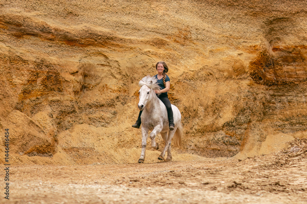 A young woman and her white icelandic horse gelding interacting in a sand pit; horsemanship concept