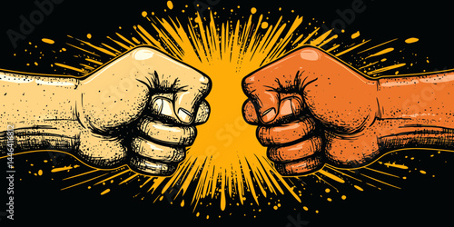 Diverse fist bump graphic illustration representing unity and collaboration among different backgrounds in a bold and vibrant design