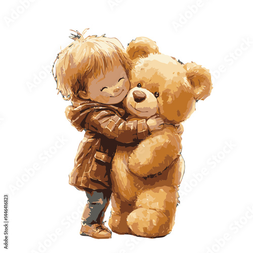 Cute toddler embraces a fluffy teddy bear in a warm and loving cartoon illustration set indoors