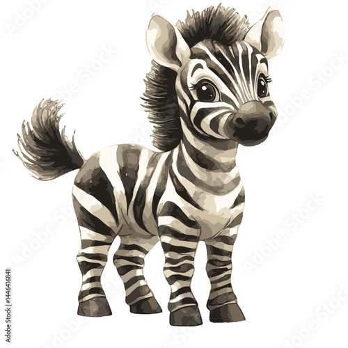 Cute zebra foal with charming stripes showcases cartoon design and playful expression, embodying the essence of wildlife in a vibrant style