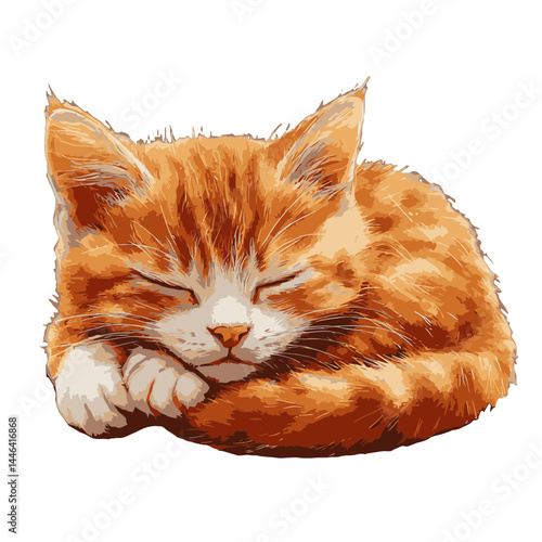 Cute ginger kitten character curled up and sleeping peacefully in a cozy, whimsical style