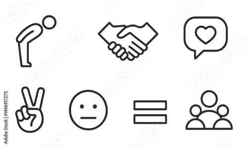 Community & communication icons set – outline style social interaction, connection, networking symbols: handshake, heart, peace sign, equality, teamwork, discussion