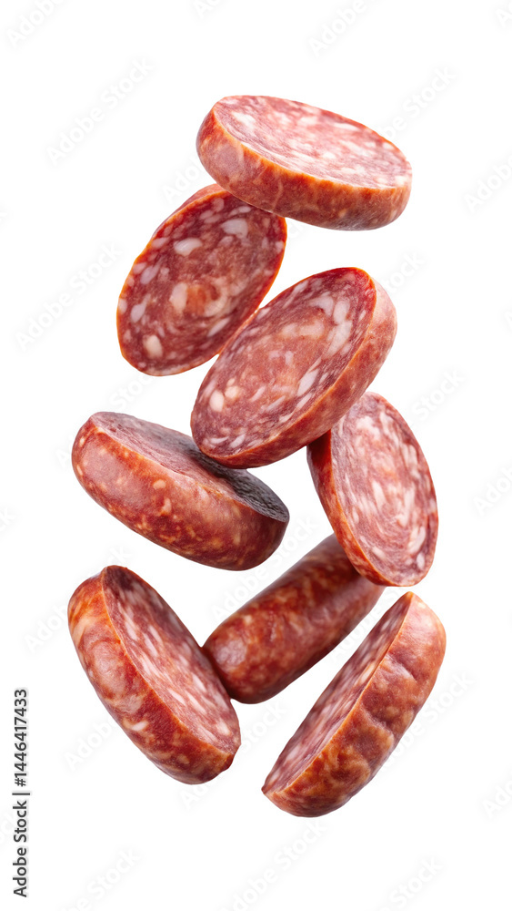 Delicious sliced sausage in midair, prepared meat product, ready to eat Delicious sliced sausage in midair, prepared meat product, ready to eat