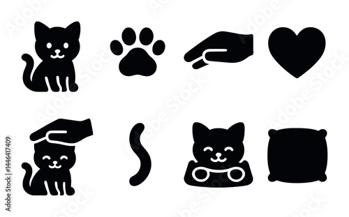 Pet care solid icons set – silhouette style for animal love, feline companionship, and pawprint designs: cat, paw, hand, heart, petting, feeding bowl, cushion.