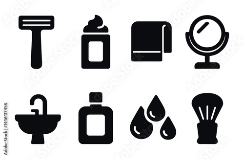 Personal grooming solid icon set – 3d style hygiene, self-care, and beauty symbols for daily routines: razor, shaving cream, towel, mirror, sink, lotion, water drops, brush.