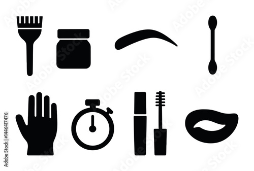 Beauty and makeup solid icons set – filled style cosmetic, skincare, and salon symbols for self-care routines: brush, jar, eyebrow, cotton swab, glove, stopwatch, mascara, lips.