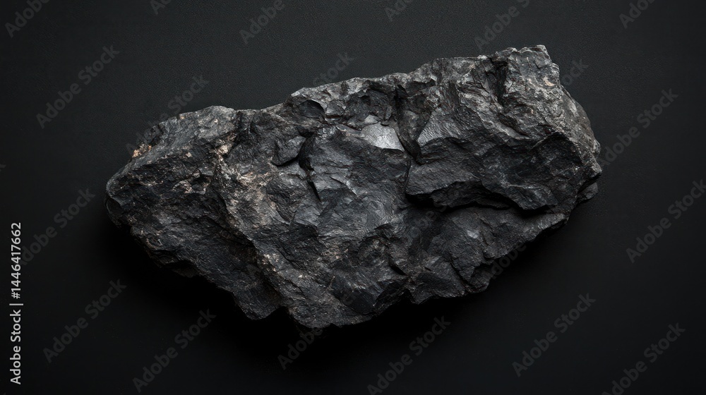 Fototapeta premium A dark gray, rough-textured rock rests on a black background, showing irregular shapes and crevices