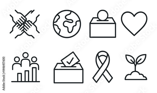 Social awareness outline icon set – linear style community, support, and change symbols for campaigns: unity, globe, ballot box, heart, growth chart, ribbon, seedling.
