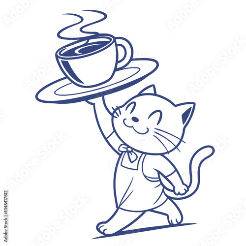 Cartoon cat carrying a coffee cup, wearing an apron, outlined on white backdrop