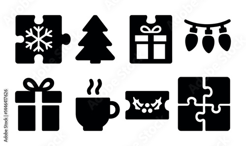 Christmas silhouette icons set – solid style holiday, festive, and winter symbols for seasonal design: snowflake, tree, gift, lights, coffee, card, puzzle