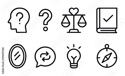 Philosophy and decision-making icons set – outline style mindfulness, ethics, and logic symbols: head with question, question mark, scales, checklist book, mirror, speech bubble, lightbulb, compass.