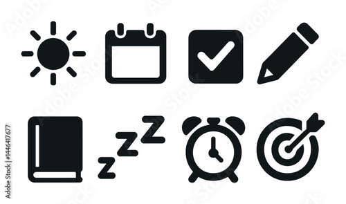 Productivity and time management icons set – solid style efficiency, organization, task management symbols: sun, calendar, checklist, pencil, book, sleep, clock, target.