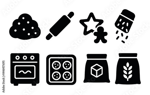 Home baking solid icons set – filled style kitchen, dessert, and pastry symbols for culinary creations: dough, rolling pin, cookie cutter, sugar shaker, oven, baking tray, flour, grain sack.