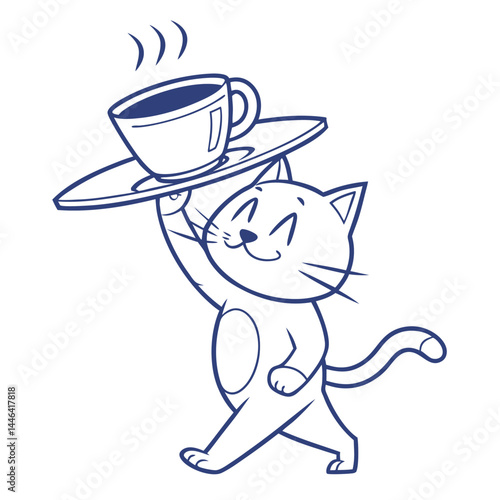 Smiling Cat Walks While Carrying a Hot Coffee Cup and Saucer, Blue Line Art Isolated