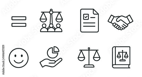 Justice and law outline icons set – linear style legal, equality, and judgment symbols for courtroom design: scales, contract, handshake, smiley, pie chart, legal book.