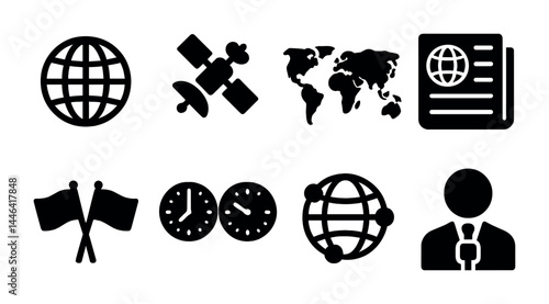 Global communication solid icons set – silhouette style for worldwide connectivity and news updates: globe, satellite, world map, newspaper, flags, clocks, network, reporter
