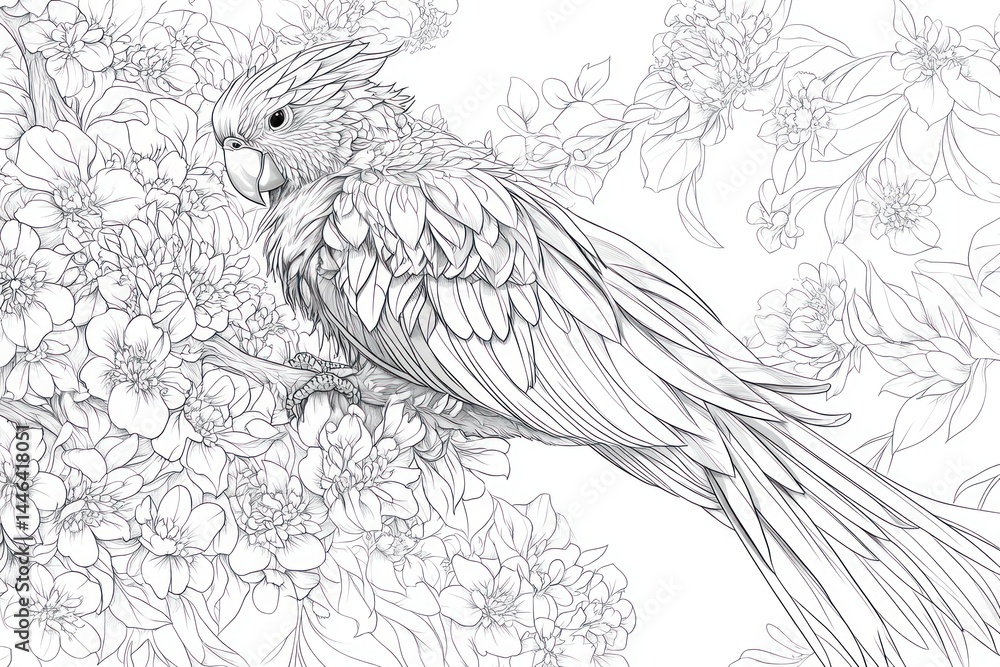 Obraz premium Detailed black and white illustration of a parrot perched amongst blossoming 