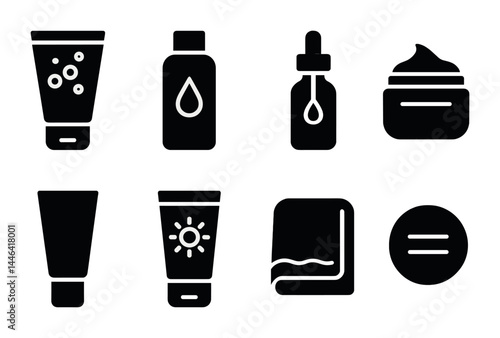 Cosmetic and skincare solid icons set – filled style beauty, self-care, wellness symbols for product design: lotion, serum, cream, tube, sunscreen, towel, balm