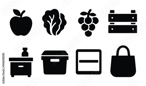 Organic food silhouette icons set – solid style healthy eating, farm fresh, and grocery symbols: apple, lettuce, grapes, crate, jar, container, label, bag.