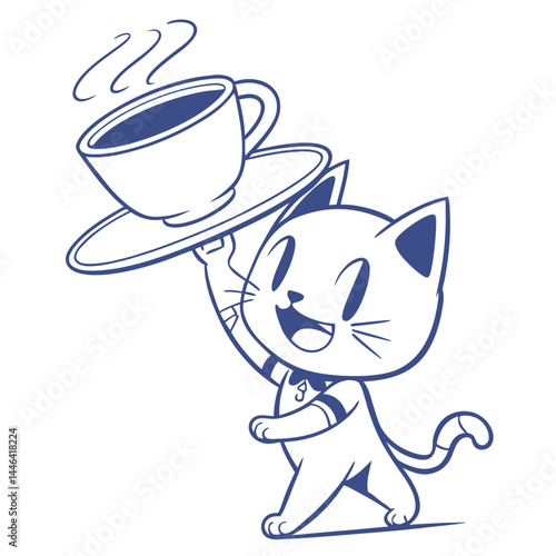 Cheerful Line Art Cat Mascot Holds Steaming Coffee Cup, Isolated on White, Blue Outline