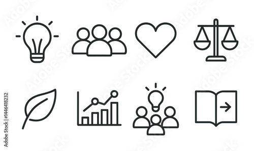 Business and innovation icons set – outline style design, strategy, and marketing symbols for productivity: light bulb, teamwork, heart, scales, leaf, chart, book.