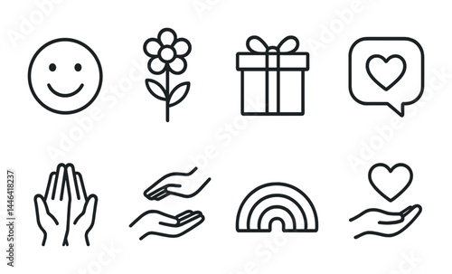Positive vibes icon set – outline style happiness, kindness, and love symbols for wellness inspiration: smiley face, flower, gift, heart, praying hands, open hands, rainbow.