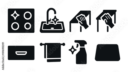 Household cleaning solid icons set – flat style sanitation, hygiene, and maintenance symbols for home care: stove, sink, countertop, wiping cloth, drawer, spray bottle, mat.